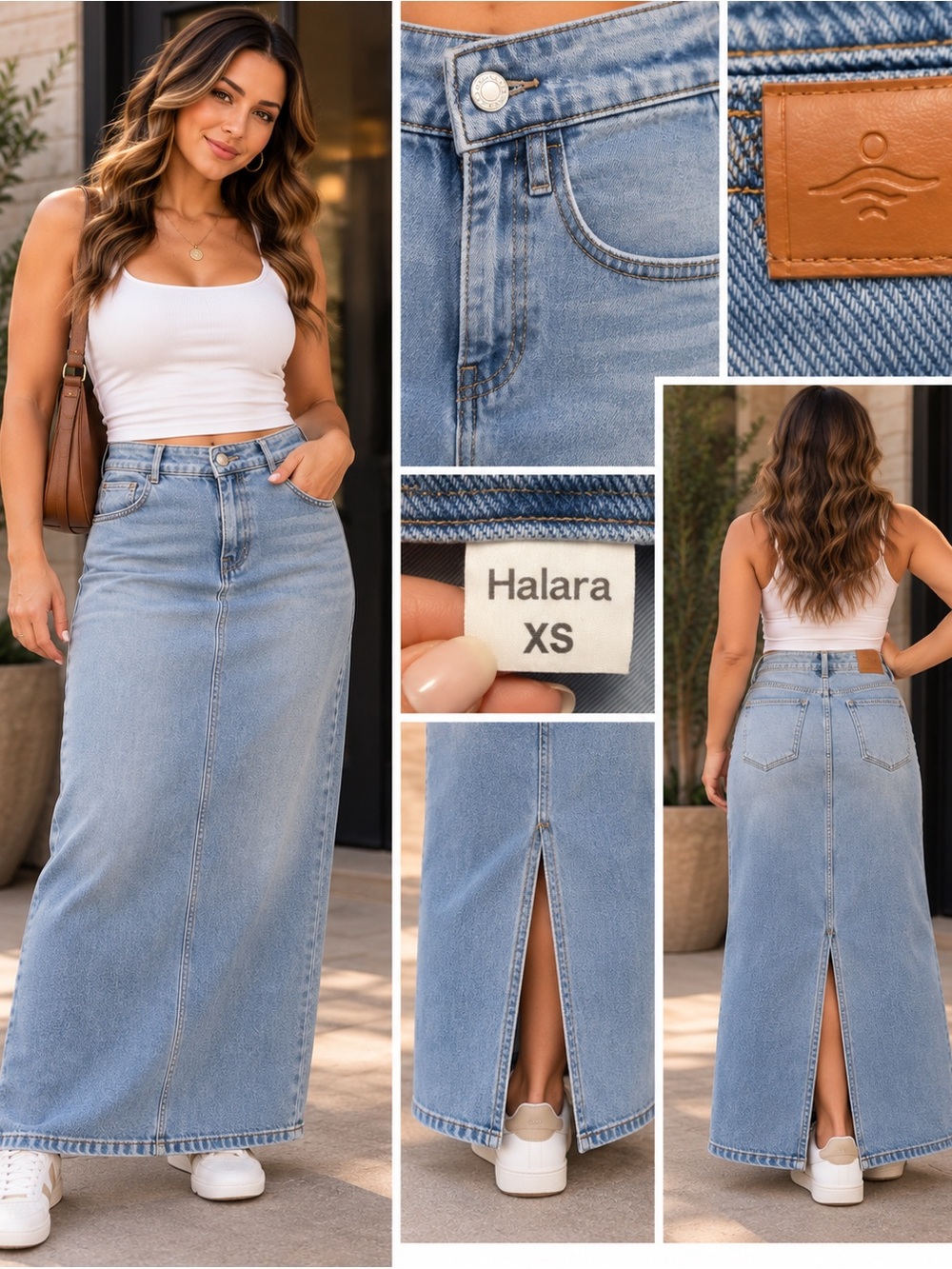 HALARA Light Wash Denim Maxi Skirt with Back Slit